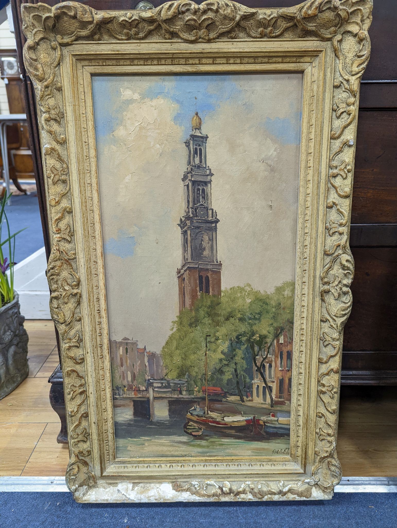 Corbet, oil on canvas, View of a Dutch church spire, signed, 59 x 29cm